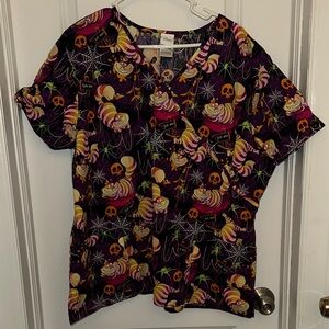 Disney Cheshire Cat Halloween Scrub Top - Black, Purple & Orange Accents